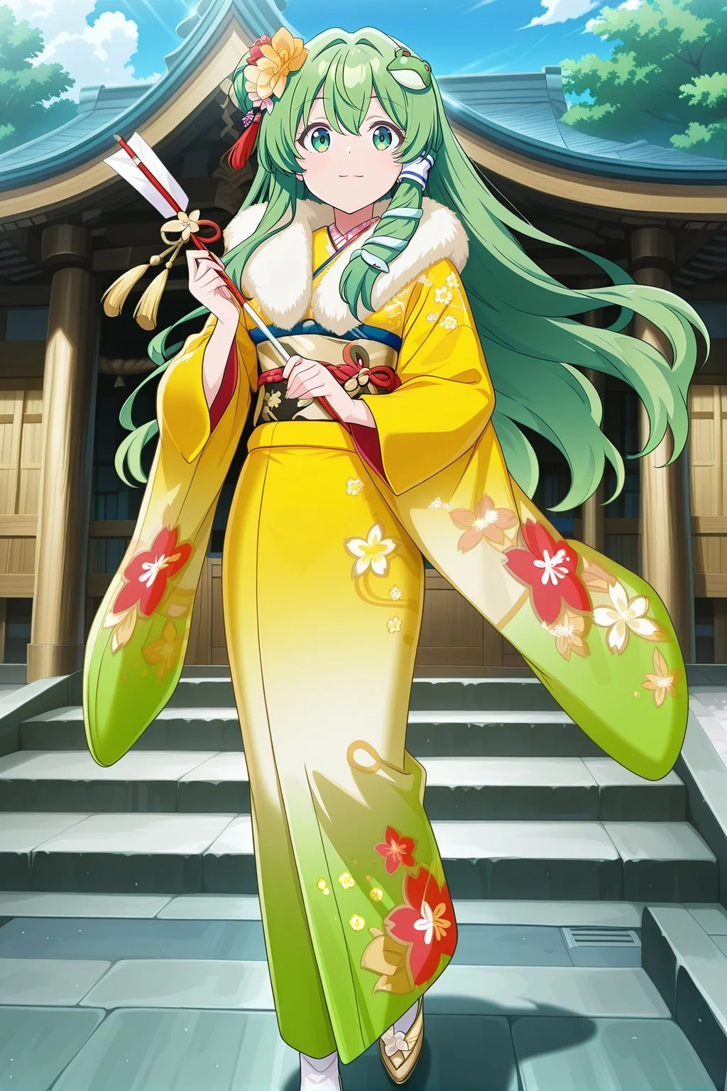 absurdres, highres, masterpiece, best quality, amazing quality, official anime artwork, screencap, anime screencap, outdoors, looking at viewer, light smile, dynamic pose,
<lora:Sanae-Kochiya_IllustriousV2:1> kochiya sanae, 1girl, solo, green eyes, green hair, long hair,, kochiya sanae \(victory wind priestess\), alternate costume, alternate hairstyle, hair ornament, hair flower, fur trim, yellow kimono, gradient kimono, multicolored kimono, floral print, wide sleeves, long sleeves, furisode, sash, yellow obi, red obijime, footwear flower, white socks, yellow shoes, holding hamaya, green kimono,