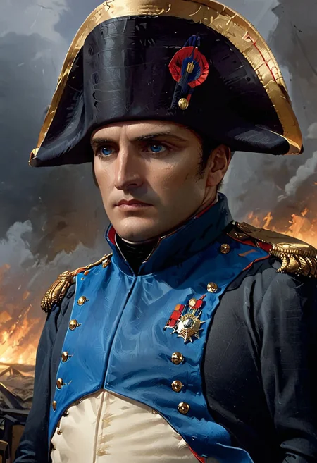 concept art, napoleon, general, mysterious, face close up, dark enigmatic,  storm of gold, ((napoleon)), general, serious look, military uniform, ((bicorne)) hat, blue hat, grey coat, atmosphere is charged with an military energy, historic realism, detailed textures to bring the scene to life, background is Moscau city skiline bruning:1, fire and smoke, city on fire, black background, big flammes, <lora:zavy-cntrst-sdxl:1.5>, <lora:- SDXL - vanta-black_contrast_V3.0:0.4>, <lora:glowneon_xl_v1:0.4> . digital artwork, illustrative, painterly, matte painting, highly detailed, close up portrait, very close up, face focus,