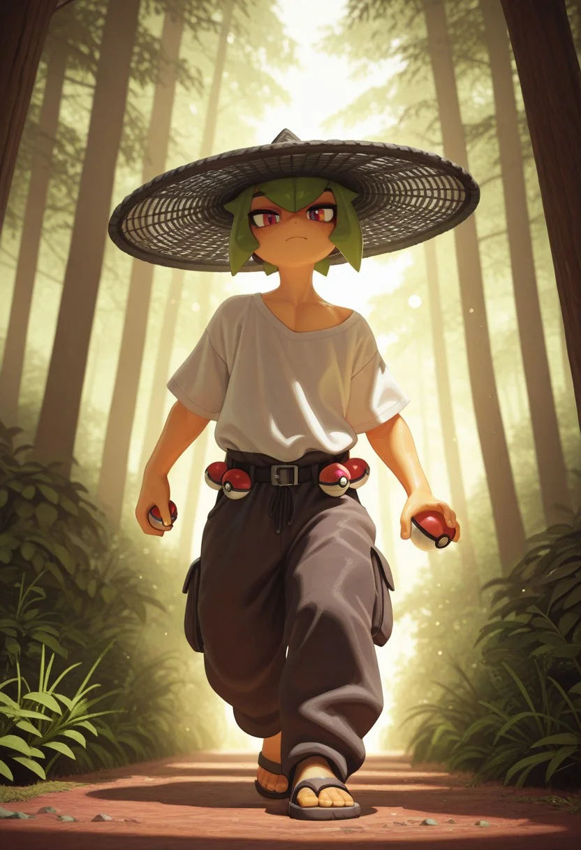 masterpiece, best quality, absurdres, highres, high quality, highly detailed, official art, gloss_(hotglossed), Hoovesart, pixelsketcher, 3d, stylized realism, (bokeh:1.1), no lineart, dense alpine forest, 
1male, solo, detailed face, net hat, loose shirt, baggy lounging pants, sandals, pokeballs attached to belt, holding pokeball, walking towards viewer, soft lighting on male, rim lighting, wide hat