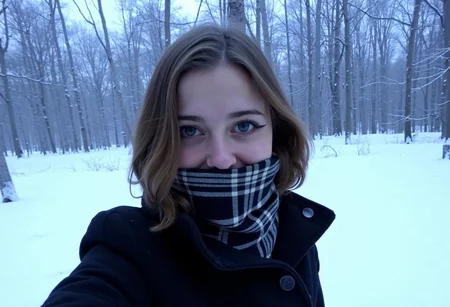 Low-resolution photo, shot on a mobile phone, graininess due to low light conditions, no significant digital artifacts. Young woman, late teens to early 20s, modern casual style, wearing a dark, buttoned-up coat, plaid scarf covering her mouth and neck, light brown bob hairstyle with subtle waves, neutral makeup with noticeable eyeliner, overcast sky, winter outdoor setting, in forest, trees covered with snow, dense fog, low-lit, dutch angle, selfie