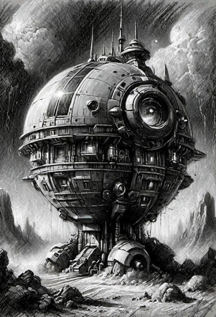 (masterpiece), 
A spaceship,
Black and white tones,
HDR, highly detailed, 32k, 
looking at viewer,