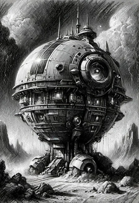(masterpiece), 
A spaceship,
Black and white tones,
HDR, highly detailed, 32k, 
looking at viewer,