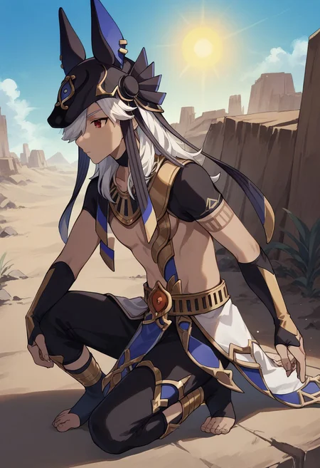 score_9, score_8_up, score_7_up, source_anime, highly detailed,
cyno, 1boy, male focus, solo, dark-skinned male, dark skin, white hair, hair over one eye, long hair, red eyes, egyptian clothes, hat, animal hat, jackal ears, black headwear, jewelry, usekh collar, gold trim, chocker, black chocker, tattoo, arm tattoo, crop top, shirt, black shirt, short sleeves, bridal gauntlets, belt, shorts, black shorts, toeless legwear,
outdoor, desert, ruins, on one knee, sun, profile,