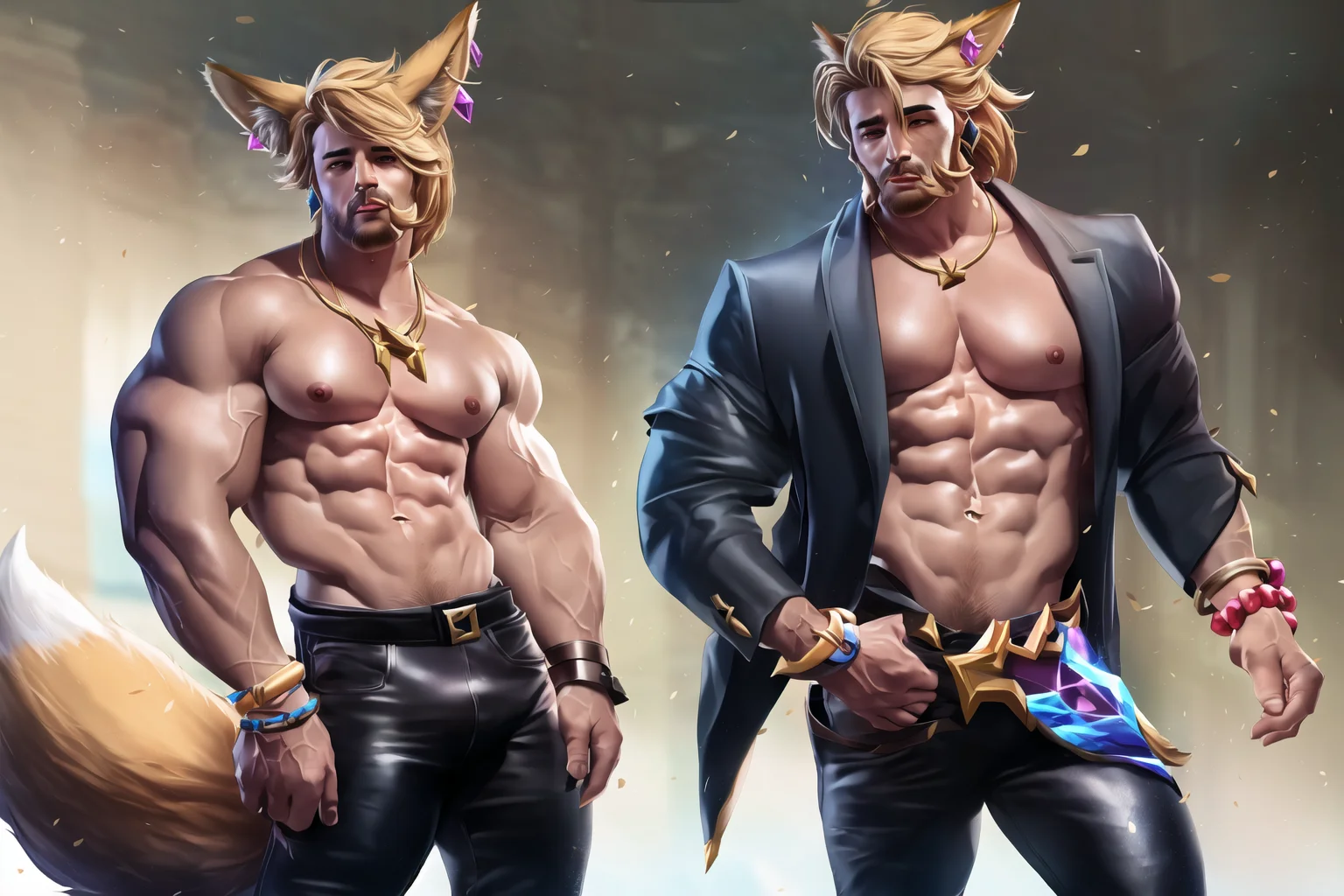 masterpiece, best quality, highres, absurdres, realistic, 1boy, muscular, muscular male, male focus, k/da (league of legends), solo, animal ears, abs, bara, pectorals, blonde hair, jewelry, pants, nipples, open clothes, tail, large pectorals, bracelet, bare pectorals, fox ears, ahri (league of legends), earrings, short hair, necklace, navel, fox tail, looking at viewer, facial hair, bulge, black pants, open shirt, thick eyebrows