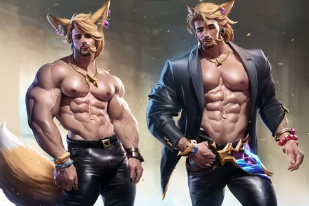 masterpiece, best quality, highres, absurdres, realistic, 1boy, muscular, muscular male, male focus, k/da (league of legends), solo, animal ears, abs, bara, pectorals, blonde hair, jewelry, pants, nipples, open clothes, tail, large pectorals, bracelet, bare pectorals, fox ears, ahri (league of legends), earrings, short hair, necklace, navel, fox tail, looking at viewer, facial hair, bulge, black pants, open shirt, thick eyebrows