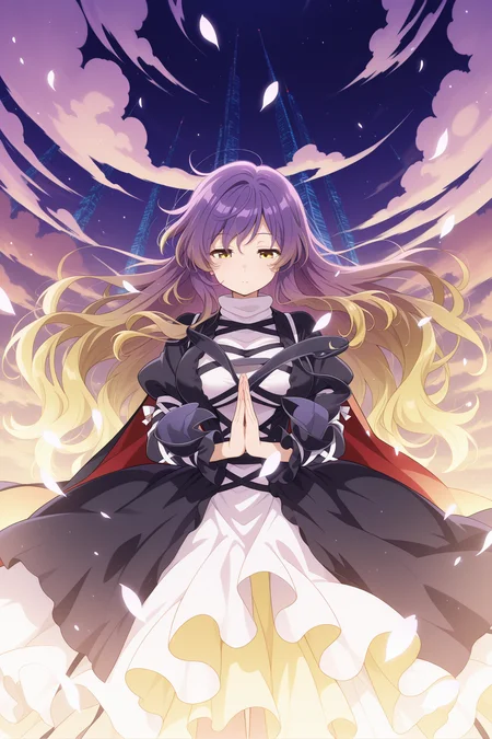absurdres, highres, masterpiece, best quality, amazing quality, official anime artwork, screencap, anime screencap, 
<lora:Byakuren-Hijiri_Illustrious:1> hijiri byakuren, 1girl, solo, yellow eyes, purple hair, long hair, multicolored hair, gradient hair, breasts,, layered dress, white dress, black dress, cross-laced clothes, long sleeves, puffy sleeves, black cape, black footwear,  
light particles, cloud, night, praying, looking down, dynamic pose,
