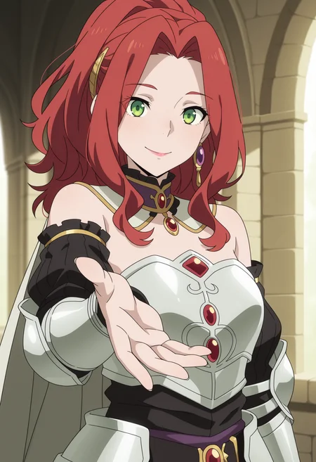masterpiece, best quality, amazing quality, high quality, anime screenshot,
1girl, solo, <lora:M4lty:1> m4lty, red hair, ponytail, green eyes, armored dress, cape, breastplate, faulds, detached sleeves, vambraces, hand up, reaching towards viewer, open hand, happy, smile, closed mouth, lipstick, purple earrings, jewelry, red gemstone,upper body,