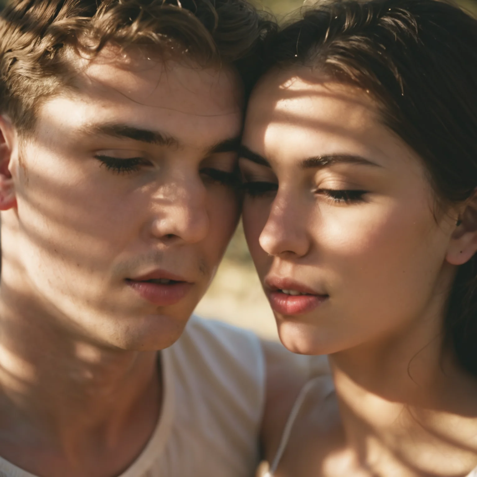 sunlight_str1, (by TJ Drysdale:2.0), medium shot of a beautiful man and woman embracing, clean cut, aged 20 years old, in the 2010s, deep shadow from sunlight, misty, bocceh, depth of field, (mouth open breathing:2) <lora:sunlight_str1-SDXL_v1-dim128-steps1691:0.8>