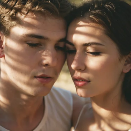 sunlight_str1, (by TJ Drysdale:2.0), medium shot of a beautiful man and woman embracing, clean cut, aged 20 years old, in the 2010s, deep shadow from sunlight, misty, bocceh, depth of field, (mouth open breathing:2) <lora:sunlight_str1-SDXL_v1-dim128-steps1691:0.8>