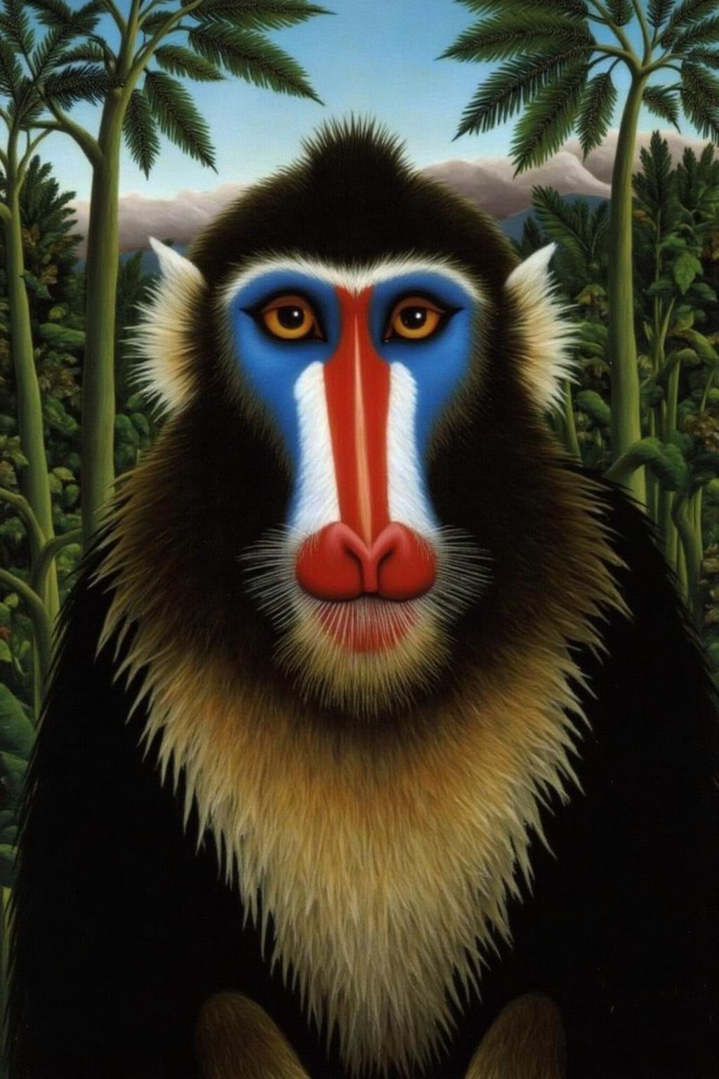 henrirousseau2 painting.
a mandrill, a type of monkey, rendered in a vibrant, expressive style. The mandrill is depicted in a lush, tropical setting, with the background suggesting dense foliage and a hint of a distant mountain range. The monkey's face is the central focus, showcasing its distinctive features: a bright red face with blue and white facial markings, particularly prominent blue around the eyes and a white stripe down the nose. 
 <lora:henrirousseau2_cap_d6a3:1.0><lora:834033609229833974:0>