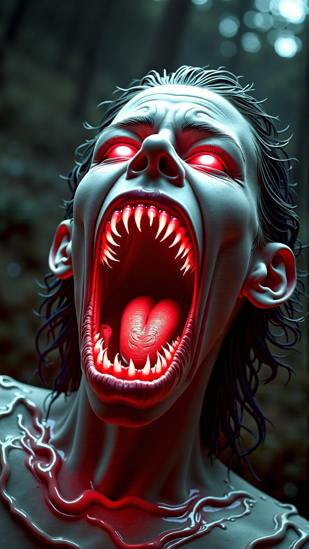 A realistic photo, dark style, atmospheric, of a CarnageStyle red bloody gore screaming  Key, cursed moist, NSFWphotography,natural light,close-up shot,eye-level angle,glow effect,water,(fisheyes view:1.4),shot on Sigma fp with Sigma 45mm f-2.8 DG DN <lora:CarnageStyleFlux:1>