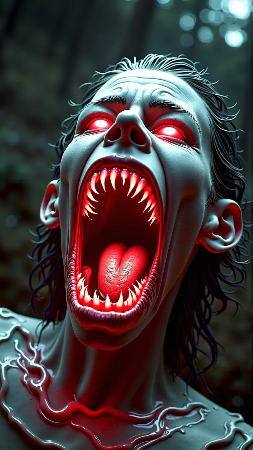 A realistic photo, dark style, atmospheric, of a CarnageStyle red bloody gore screaming Key, cursed moist, NSFWphotography,natural light,close-up shot,eye-level angle,glow effect,water,(fisheyes view:1.4),shot on Sigma fp with Sigma 45mm f-2.8 DG DN <lora:CarnageStyleFlux:1>