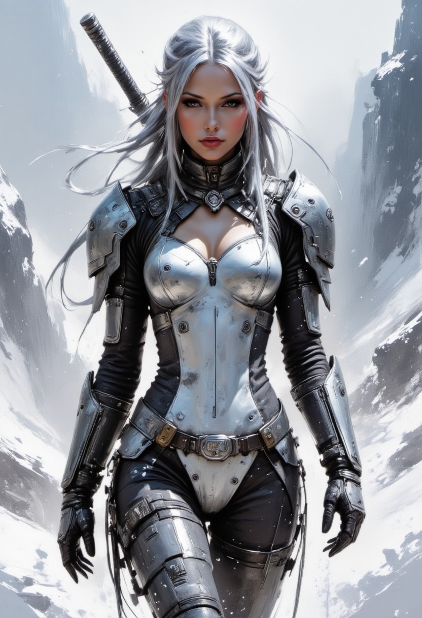 goth woman, dark eyeshadow, mascara, eyeliner, red lips, vivid silver straight hair, wearing armour (camouflage pattern of grey and white), white bodysuit, walking through snow blizzard in mountains, a katana strapped to her back