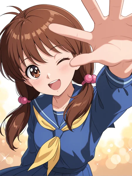 masterpiece,best quality,newest,
1girl,solo,
<lora:yukimura_keiko_ilxl_v1.1:1>,y_keiko,brown eyes,bangs,brown hair,low twintails,hair bobbles,
k_clothes,blue sailor suit,long_sleeves,blue shirt,yellow neckerchief,blue long skirt,
<lora:Fixhands_anime_bdsqlsz_V1:1>,face_focus,(reaching towards viewer:1.2),outstretched arm,open mouth,front view,upper_body,light_blush,panorama,:d,reaching towards viewer,blush,one eye closed,sparkle,blush,face_focus,bokeh,dynamic_angle,cinematic_angle,dutch angle,foreshortening,fisheye,white_background,simple_background,v over eye,