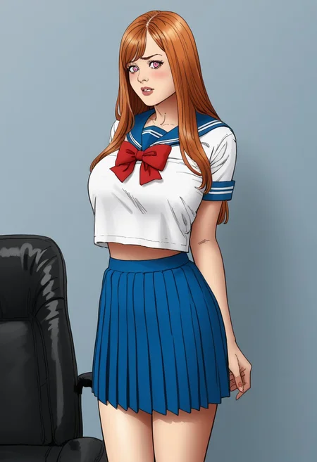 score_9, score_8_up, score_7_up, score_6_up, adult beautiful woman, (chiaroscuro lighting) (source_cartoon), (f3rn4nd0), (line art) office,
(1female),
standing,
((tenmyoin_seiryu)), Female, 18 years old, Pink eyes, (Brown hair, Orange hair), (long hair, hair_between_eyes, eyebrows_hidden_by_hair, sidelocks), large breasts, (blue skirt, (white serfuku), yellow trim, red bow), blush, blushing,