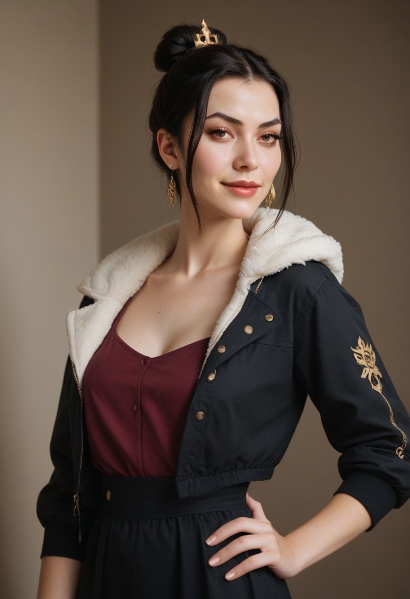 score_9, score_8_up, score_7_up,1girl, A Azula -looking woman with long dark hair, combed back. She is wearing a light jacket with pink and black details. The jacket has an eagle design on the left side of the chest and the word "MEX" in secret letters. Underneath the jacket, she wears a short black dress. The woman is standing, with one hand on her waist and the other at her side, showing confidence. She has a calm facial expression and a slight smile. She also wears small, discreet earrings.
