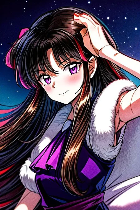 masterpiece, best quality 1girl Setsun4 solo long hair, (night time) forest background black hair very long hair purple eyes multicolored hair armor (fur trim) (medium body),<lora:EMS-179-EMS:0.800000>,<lora:EMS-293862-EMS:0.800000> bow, hair_bow, hair_tubes, red_bow, brown_hair, long_hair, bangs, sidelocks, ascot, brown_eyes, frilled_bow, yellow_ascot, blush, smile, hair_between_eyes