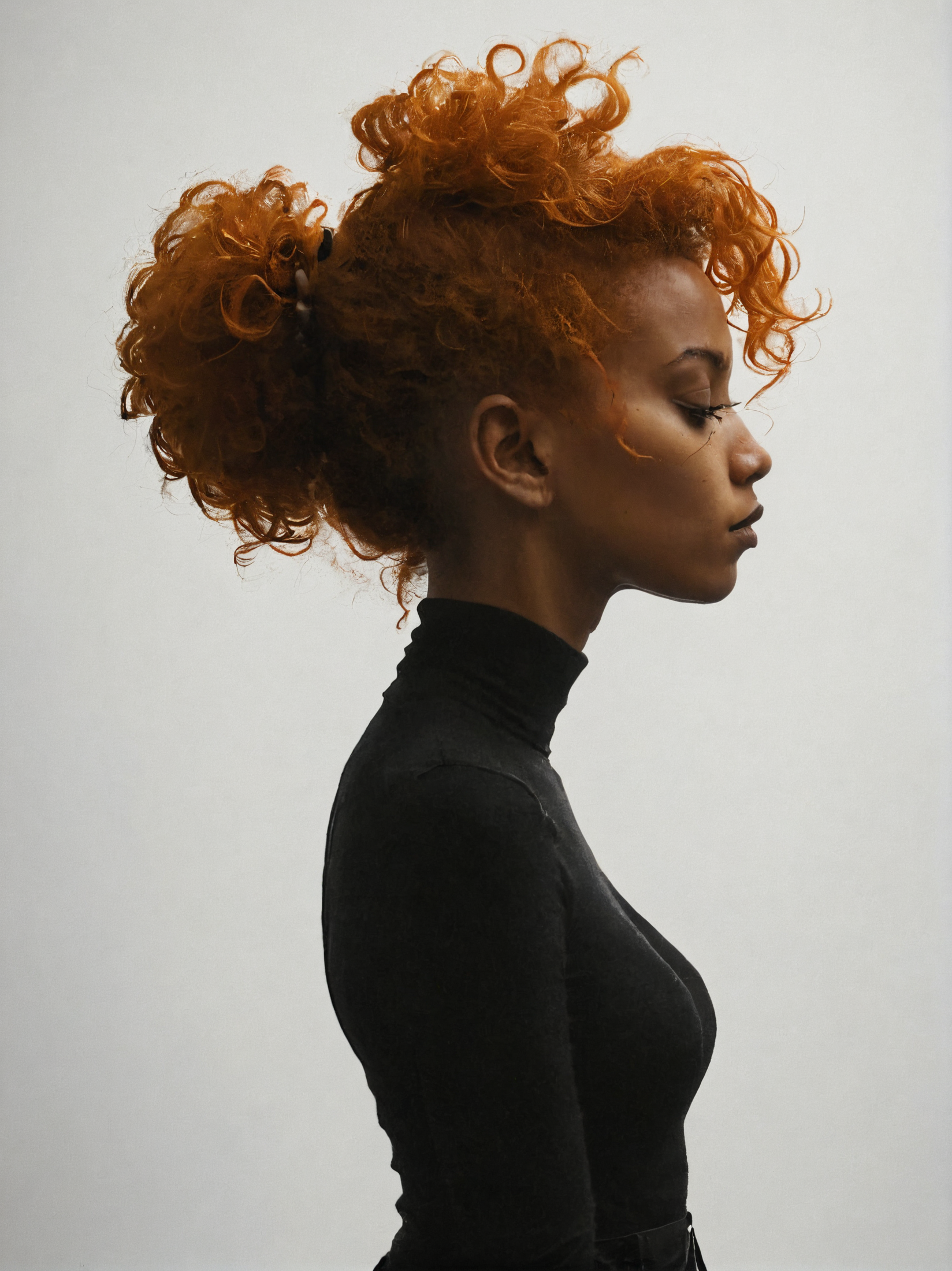 side view  , elegant afro woman with orange hair tied in a high bun, wearing a black turtleneck , white background, grainy film filter, minimalistic, HD,bold lines,poster, intricate,artstation,Conrad Roset,chiaroscuro inspired image,Anthony Burrill <lora:add-detail-xl:1> <lora:sli-v1:1>  <lora:- SDXL - vanta-black_contrast_V3.0:1>  <lora:SDXL_feelings_Sa_May:1>