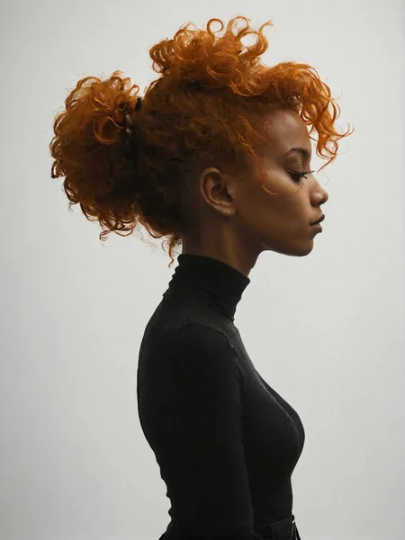 side view  , elegant afro woman with orange hair tied in a high bun, wearing a black turtleneck , white background, grainy film filter, minimalistic, HD,bold lines,poster, intricate,artstation,Conrad Roset,chiaroscuro inspired image,Anthony Burrill <lora:add-detail-xl:1> <lora:sli-v1:1>  <lora:- SDXL - vanta-black_contrast_V3.0:1>  <lora:SDXL_feelings_Sa_May:1>
