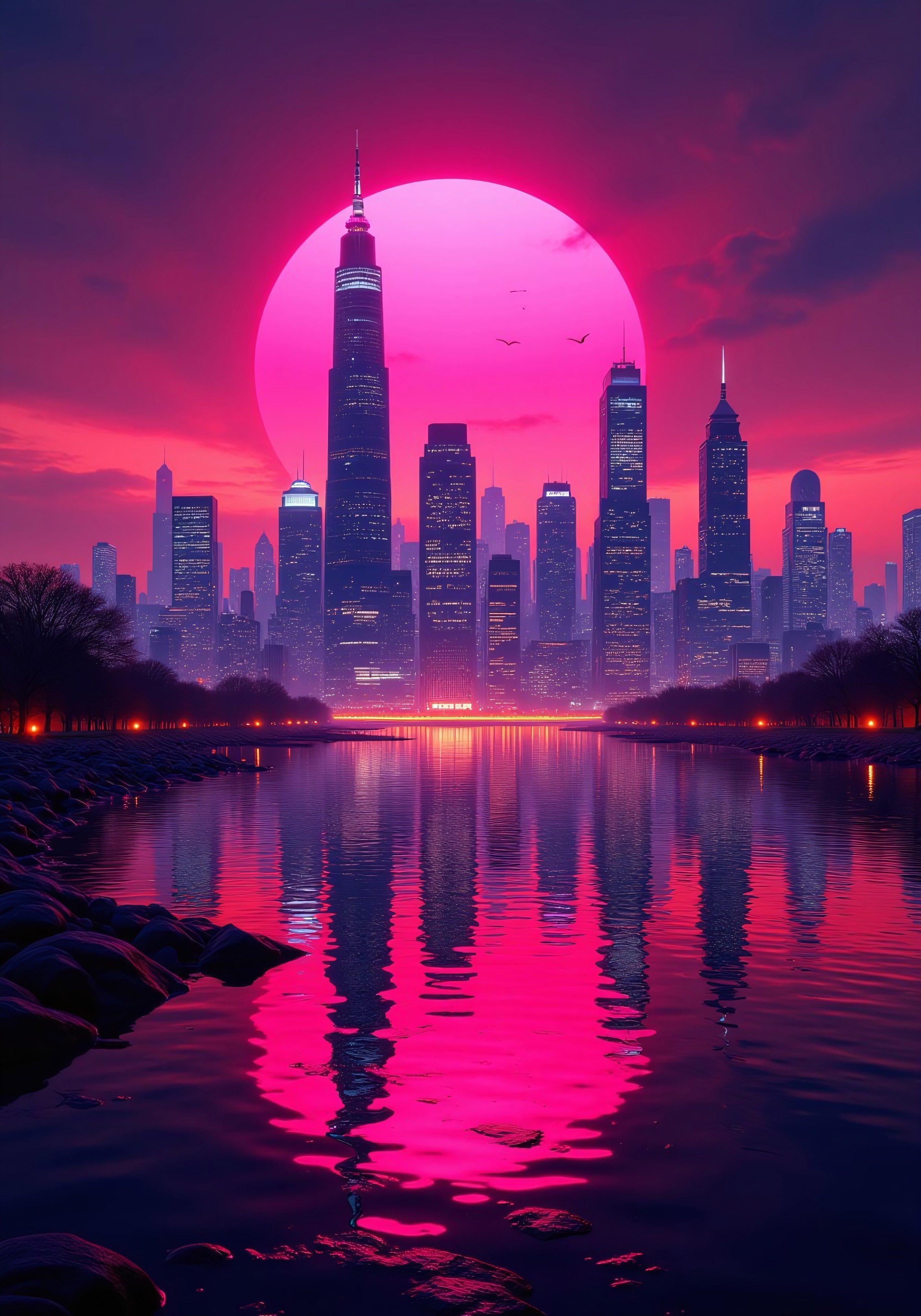 aidmaimageupgrader, they glow at night, a high quality digital synthwave style image of a cityscape visible across a body of water, the cityscape consists of several skyscrapers of different heights and are in intricate detail, the cityscape is lit in a variety of bright and vivid colours consistent with a synthwave theme and are reflected in high detail in the glassy water, there is a bright pink and orange glow to the entire image, they glow at night, the cityscape has a vivid orange gassy haze glowing at ground level