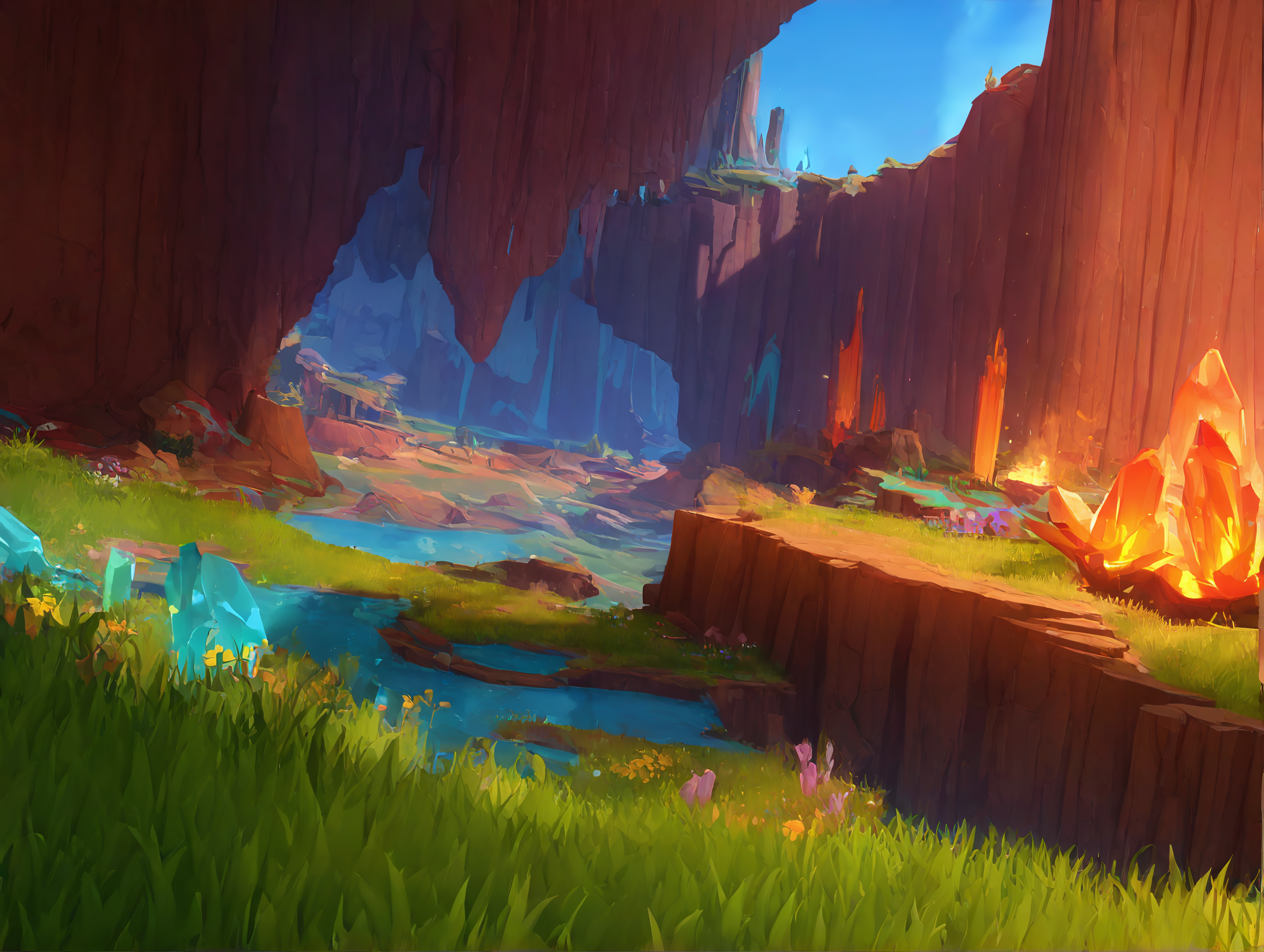 no humans, General, ririko \(fhnngririko\), dynamic angle, natlan, landscape, fantasy, scenery, outdoors, grass, plant, flower, blue sky, underground, cave, crystal, cliff, fire, masterpiece, best quality, absurdres, highres