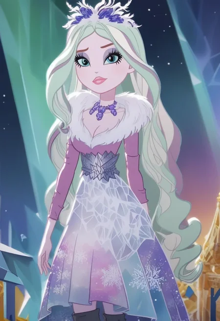 score_9, score_8_up, score_7_up, score_6_up, score_5_up, score_4_up, Expressiveh, BREAK, RAW, 8k, source_real, masterpiece, high quality, (equestria girls, show accurate:1.1), Female, 1girl, adult, 30 years old, Female, lidded eyes, looking at viewer, seductive, sultry, slender hips, overactive hips, seductive look, zPDXL3, 
crystalwinter, eah, ever after high, white hair, watercolor \(medium\), traditional media, pamcrystal, show accurate, clothes, white dress, long dress, satin dress, crystal dress, cleavage, long sleeves, large breasts, side slit, black pantyhose, pantyhose, high heel boots, lace boots, white boots, indoor, crystal castle, blue and purple gradient, crystal glass floor, irl, realistic style, leg up, normal face size, seductive pose, seductive look, full body vidible, (sultry pose:1.6), watercolor \(medium\), snowy mountain background, traditional media, night sky, blue and purple gradient sky, stars, aurora borealis, lens flare,
anime epic cinematic shot of dynamic, "The transatlantic slave trade", dramatic lighting, Technicolor, in motion, main subject of high budget action movie, raw photo, motion blur, best quality, high resolution, aidmaMJ6.1