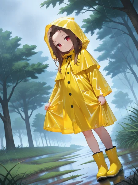 <lora:IL_Fleta:1>,1girl,solo,mb_fl,Fleta,red eyes,long hair,brown hair,forehead,official art,(voluminous hair),petite,petite body,outdoors,grass,looking at viewer,dutch angle,wasteland,tree,yellow raincoat,hood,rubber boots,rain,hood up,, masterpiece,amazing quality,best quality,ultra-detailed,8K,illustration,CG,shiny hair,clear skin,ultra-detailed-eyes,ultra-detailed-background,