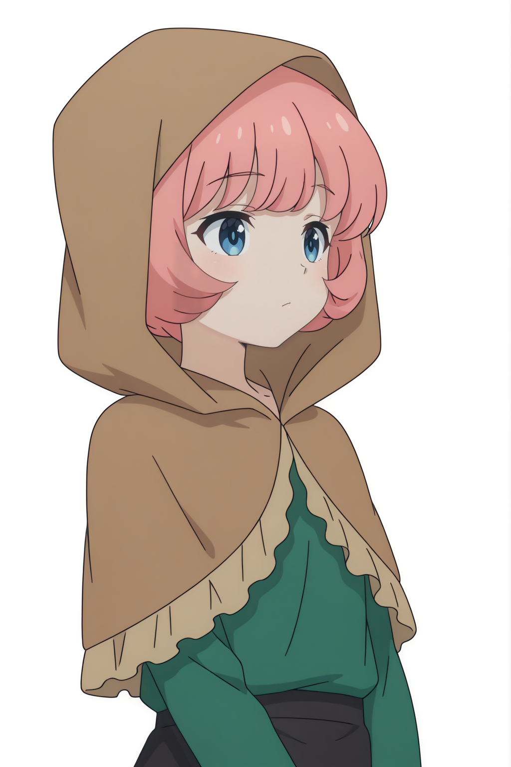newest, upper body, Travel Shoujo,  short hair, hood up, long sleeves, capelet, black skirt, green shirt <lora:Konosuba_Bakuen_-_Travel_Shoujo_-_illustrious:0.8>