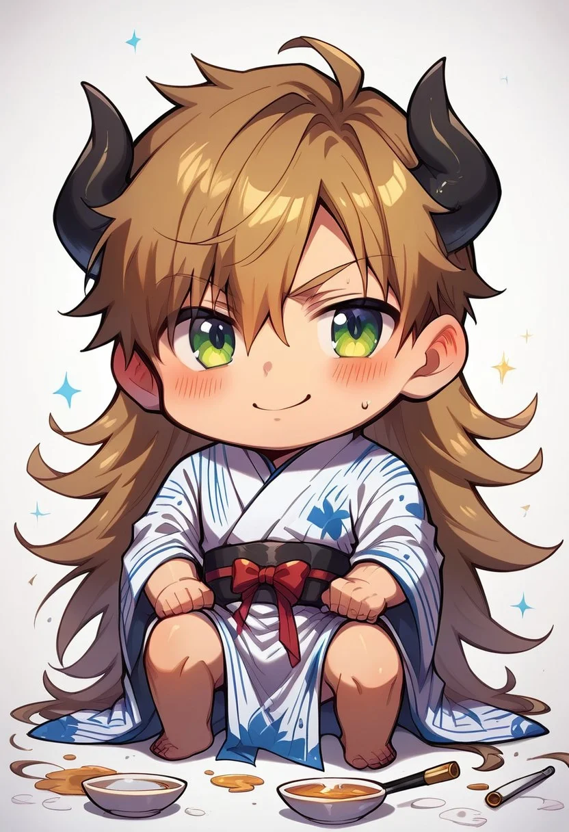 score_9, score_8_up, score_7_up, score_6_up, masterpiece, uncensored, best quality, amazing quality, best aesthetic, absurdres, intricate details, close up, full body, full view, yaoi, gay, source_anime BREAK 1boy, kneeling, on one knee, holding smoking pipe, solo, male focus, chibi BREAK very long hair, brown hair, hair over one eye BREAK black and white kimono, wide sleeves, horns, tails BREAK white background BREAK look at viewer, shy, blush, confident, arrogant smile, squinting, relaxed eyebrows BREAK ch3b3sq4at