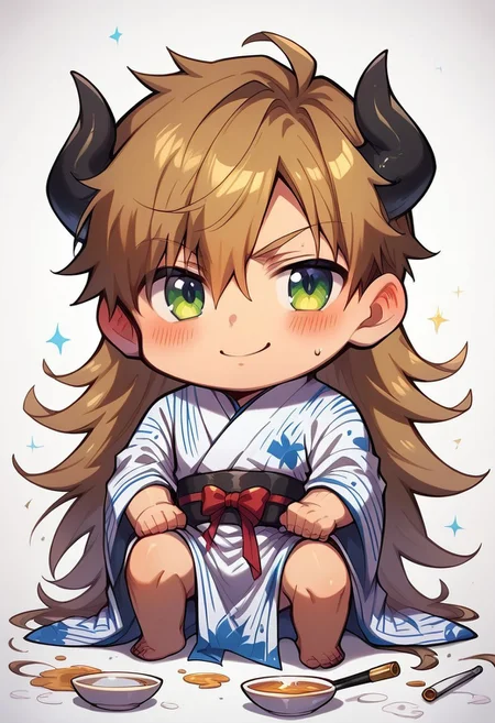 score_9, score_8_up, score_7_up, score_6_up, masterpiece, uncensored, best quality, amazing quality, best aesthetic, absurdres, intricate details, close up, full body, full view, yaoi, gay, source_anime BREAK 1boy, kneeling, on one knee, holding smoking pipe, solo, male focus, chibi BREAK very long hair, brown hair, hair over one eye BREAK black and white kimono, wide sleeves, horns, tails BREAK white background BREAK look at viewer, shy, blush, confident, arrogant smile, squinting, relaxed eyebrows BREAK ch3b3sq4at