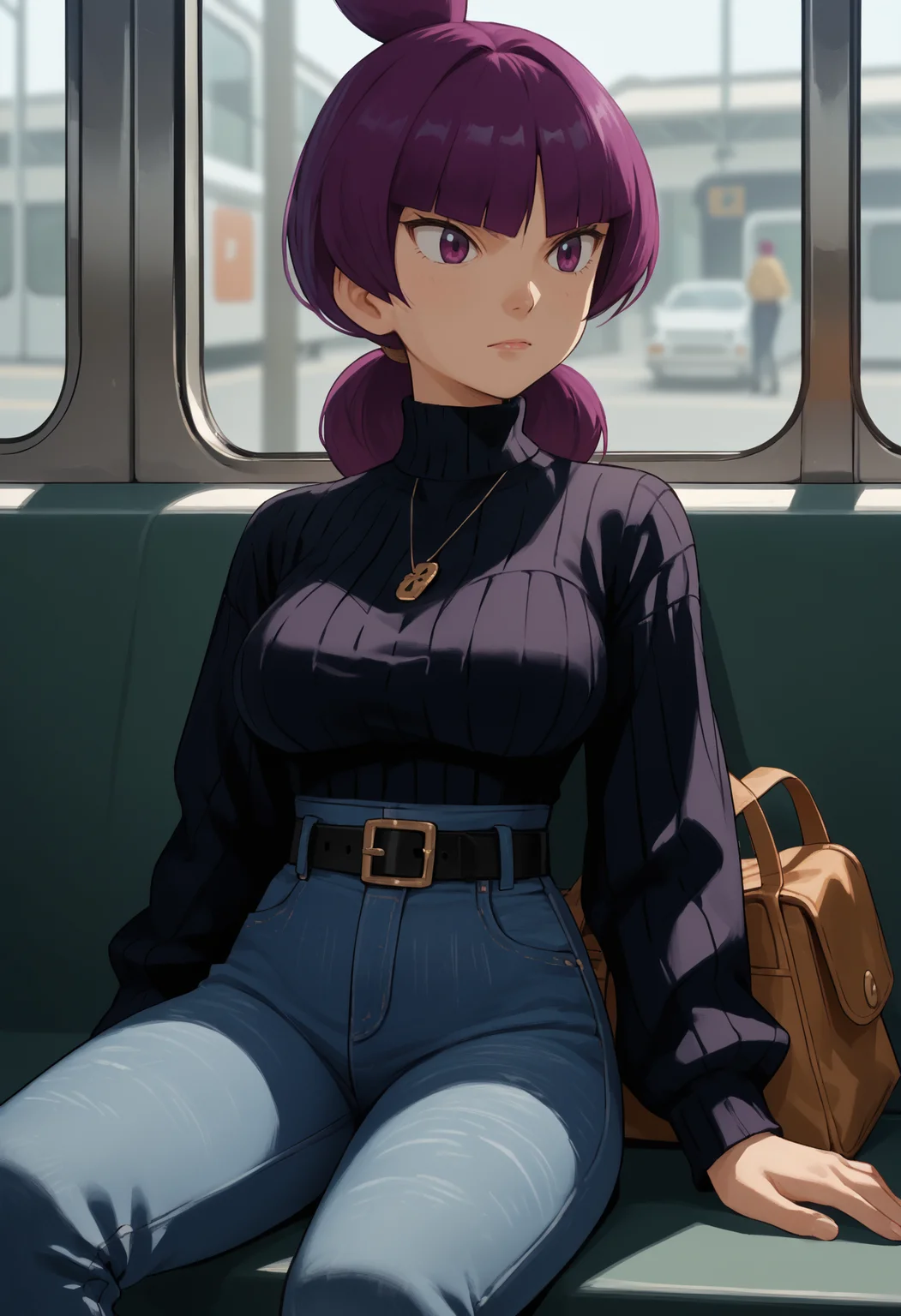 score_9, score_8_up,score_7_up, source_anime, 1girl, solo, <lora:Jptr_pdxl_EliPot:1>, gingadanjupiter, purple hair, purple eyes, medium hair,
large breasts, sweater,tight clothing,sitting,subway,looking at phone,high-waist jeans,bag,belt,