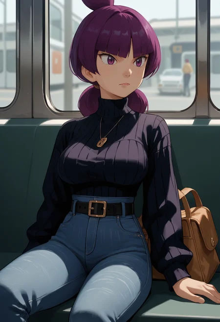 score_9, score_8_up,score_7_up, source_anime, 1girl, solo, <lora:Jptr_pdxl_EliPot:1>, gingadanjupiter, purple hair, purple eyes, medium hair,
large breasts, sweater,tight clothing,sitting,subway,looking at phone,high-waist jeans,bag,belt,