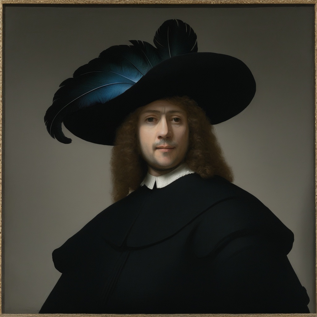 a painting of a man in a black suit and feathered hat <lora:RembrandtXL_v1:1>
