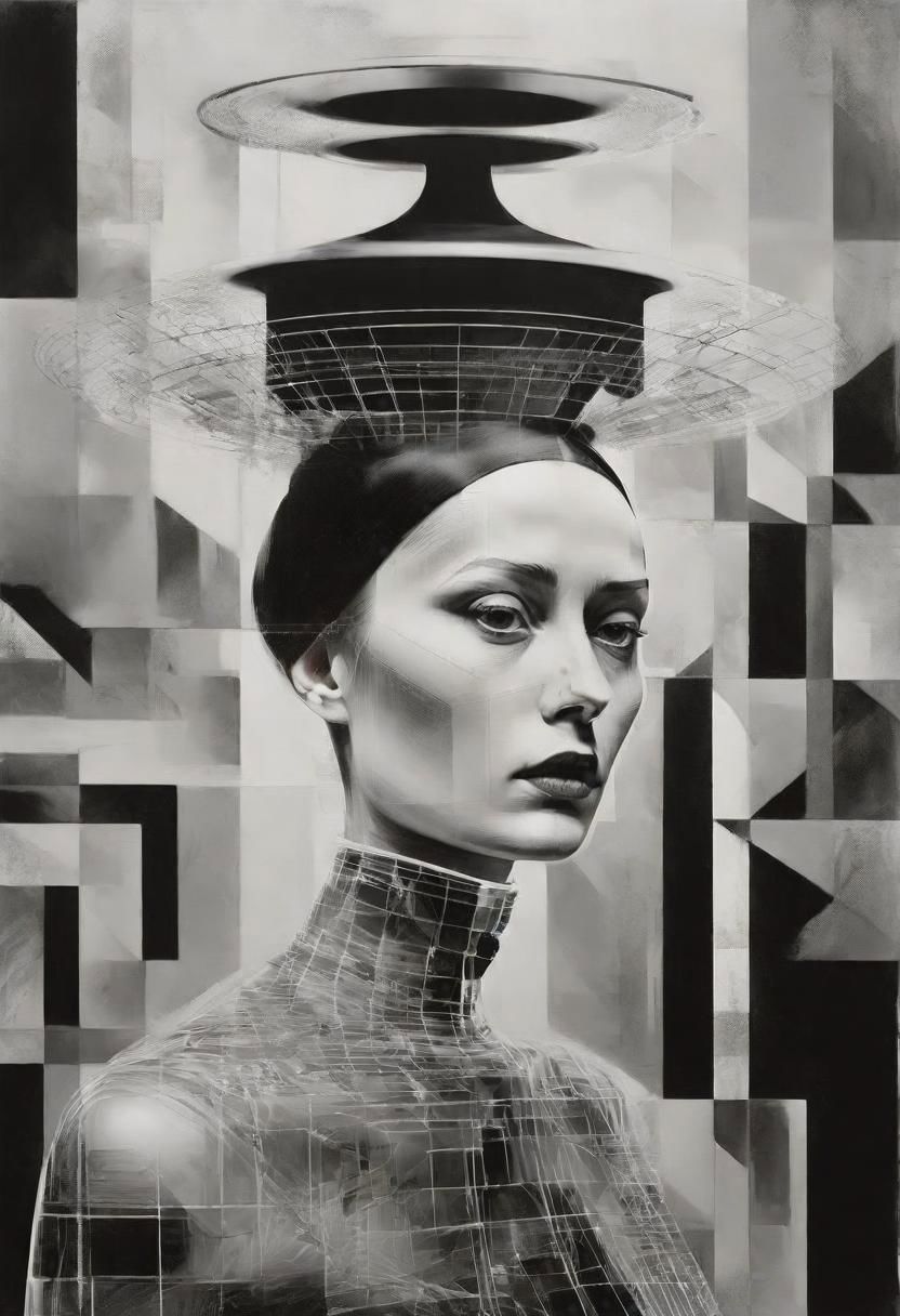 Monochrome black and white, Dali, Magritte, Delvaux, Bellmer, Malevitch, Rodchenko, Mondrian, Kandinsky, Popovna, psychedelic hallucination, pop surrealism, rough crosshatch drawing pop art Lunatic_Portrait of a young girl in latex, slick back, low bun, black makeup, sinister expression, intense glare, avant-garde, abstract, weird, geometric, constructivism, suprematism, rayonism, verticism, lineism, tj