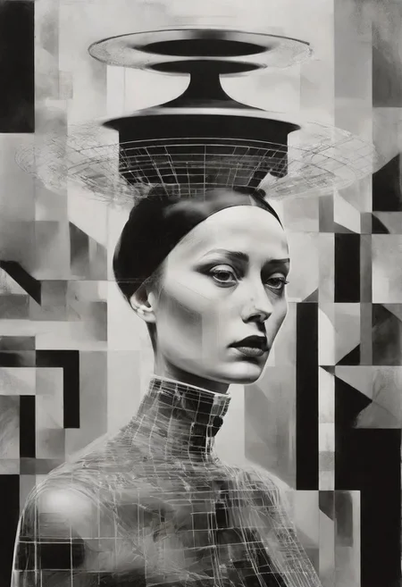 Monochrome black and white, Dali, Magritte, Delvaux, Bellmer, Malevitch, Rodchenko, Mondrian, Kandinsky, Popovna, psychedelic hallucination, pop surrealism, rough crosshatch drawing pop art Lunatic_Portrait of a young girl in latex, slick back, low bun, black makeup, sinister expression, intense glare, avant-garde, abstract, weird, geometric, constructivism, suprematism, rayonism, verticism, lineism, tj