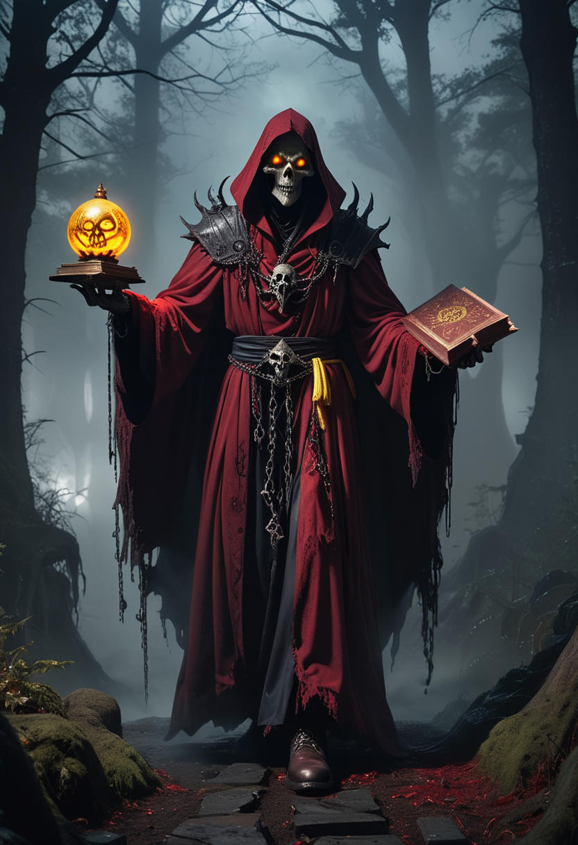 (medium full shot) of (sinister lich) with yellow eyes, wearing a crimson red full robes, shadowy boots, clutching a arcane tome with chains, surrounded by surrounded by a ominous aura, set in  a mist-filled forest, with hidden paths, ghostly figures, a chilling vibe, at twilight, ,Masterpiece,best quality, raw photo, realistic, very aesthetic, dark