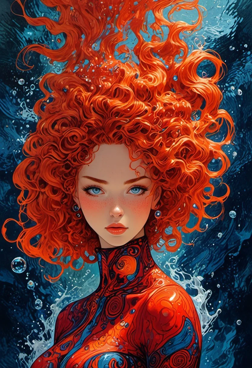 The composition includes evil female, red short dress, curly red hair with glitter, phone wallpaper size, futuristic crystal of the picture shows water, trending on ArtStation, backstroke in the pool, most of the picture shows water, detailed, abstract, trippy, 60s style, op art, dark blues and blacks, patterns, hypnotic, art by careening into peace.