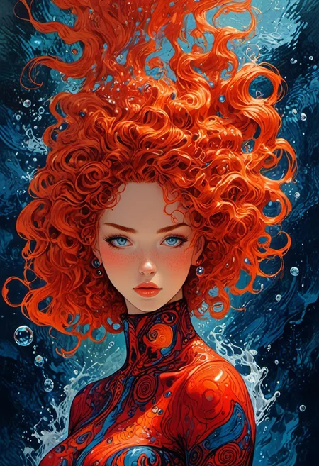 The composition includes evil female, red short dress, curly red hair with glitter, phone wallpaper size, futuristic crystal of the picture shows water, trending on ArtStation, backstroke in the pool, most of the picture shows water, detailed, abstract, trippy, 60s style, op art, dark blues and blacks, patterns, hypnotic, art by careening into peace.