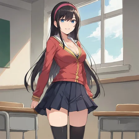 score_9, score_8_up, score_7_up, source_anime, moyako, black hair, long hair, blue eyes, hairband, school uniform, pleated skirt, thighhighs, cleavage, classroom, window, clear sky, clouds, smile, parted lips, looking at viewer, cowboy shot, dutch angle, solo,