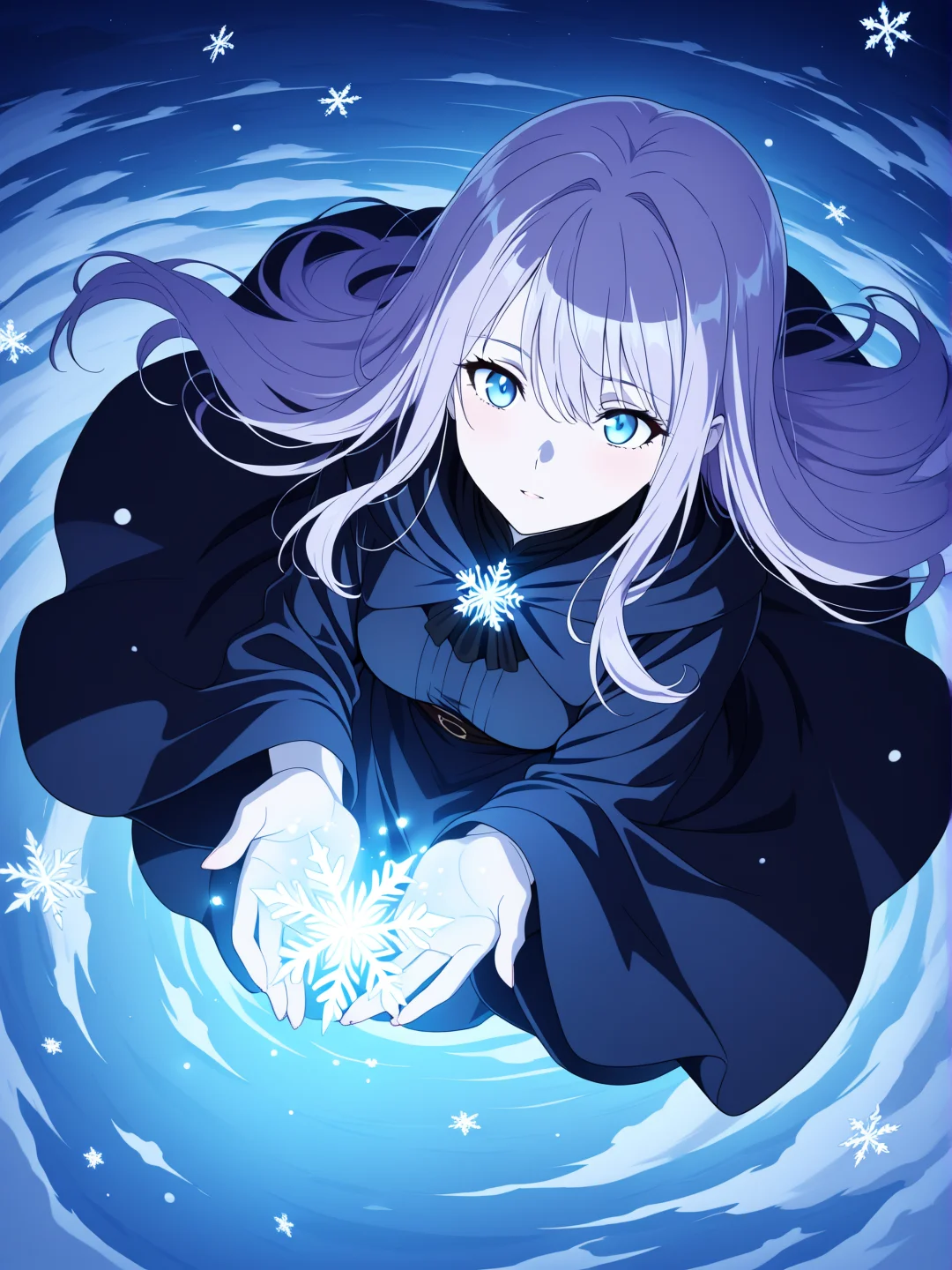 masterpiece, anime style, best quality, amazing quality, 4k, 8k, highres, cinematic scene, high angle, (5 fingers),
anime-style, enchanting female mage casting a snow spell, surrounded by swirling magical snowflakes, long light lavender hair, glowing pale blue eyes, wearing a detailed dark velvet cloak with frost-like patterns, night snowy landscape background, bluish ambient glow, focus on her pose and magic effect, fantasy aesthetic, forshortening, dynamic pose