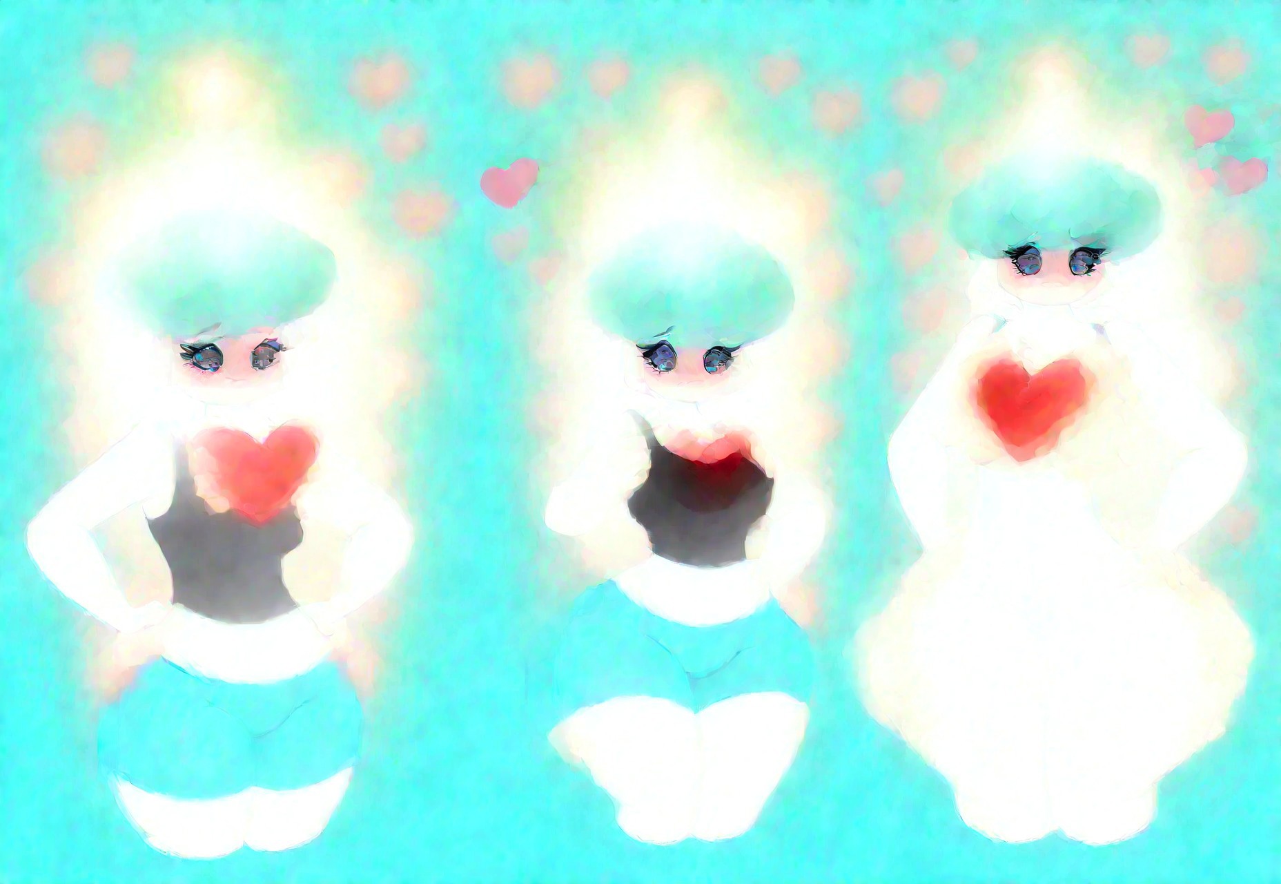 masterpiece,best quality,amazing quality,high quality,ultra high quality,perfect quality,good quality,very aesthetic,very awa,interesting,highly defined,amazing resolution,highres,absurdres,incredibly absurdres,Beautiful,newest,year 2024 BREAK SillyNips,PinkcappachinoStyle,ByNgTTh,artist:annaengine,artist:claweddrip,(artist:third-party edit,artist:conditional dnp:0.15),soft shading,toony,colored lineart,shaded lineart,ibispaint \(artwork\),clip studio paint \(artwork\),krita \(artwork\),paint tool sai \(artwork\),procreate \(artwork\),resolution mismatch,source smaller,artist collaboration,second-party source BREAK (SFW,wholesome,three-quarter view,half body,cropped legs:1.5),1girl,gr0wzhr00mpvzh,plants vs zombies heroes,pokemon \(creature\),fungi fauna,humanoid,mushroom,mushroom girl,humanoid,light yellow skin,turquoise mushroom cap with blue spots,turquoise eyes,white heart-shaped pupils,thick eyelashes,noseless,earless,clothed,black tank top,blue hotpants,(Grow-shroom's ability,breast expansion, growth, expansion:1.4),standing BREAK bimboficationQuiron3frames,multiple views,wide shoulders,large round breasts,curvy,wide hips,thick thighs,huge thighs,massive thighs,hyper thighs,bottom heavy,bimbo,(shy in first frame,brave in last frame:1.4) AND (hand on chest in first frame,hands on hips in last frame:1.6) BREAK cropped legs,too many hearts,gradient background,blue background,turquoise background,white background,halftone background,light pink outline,white border