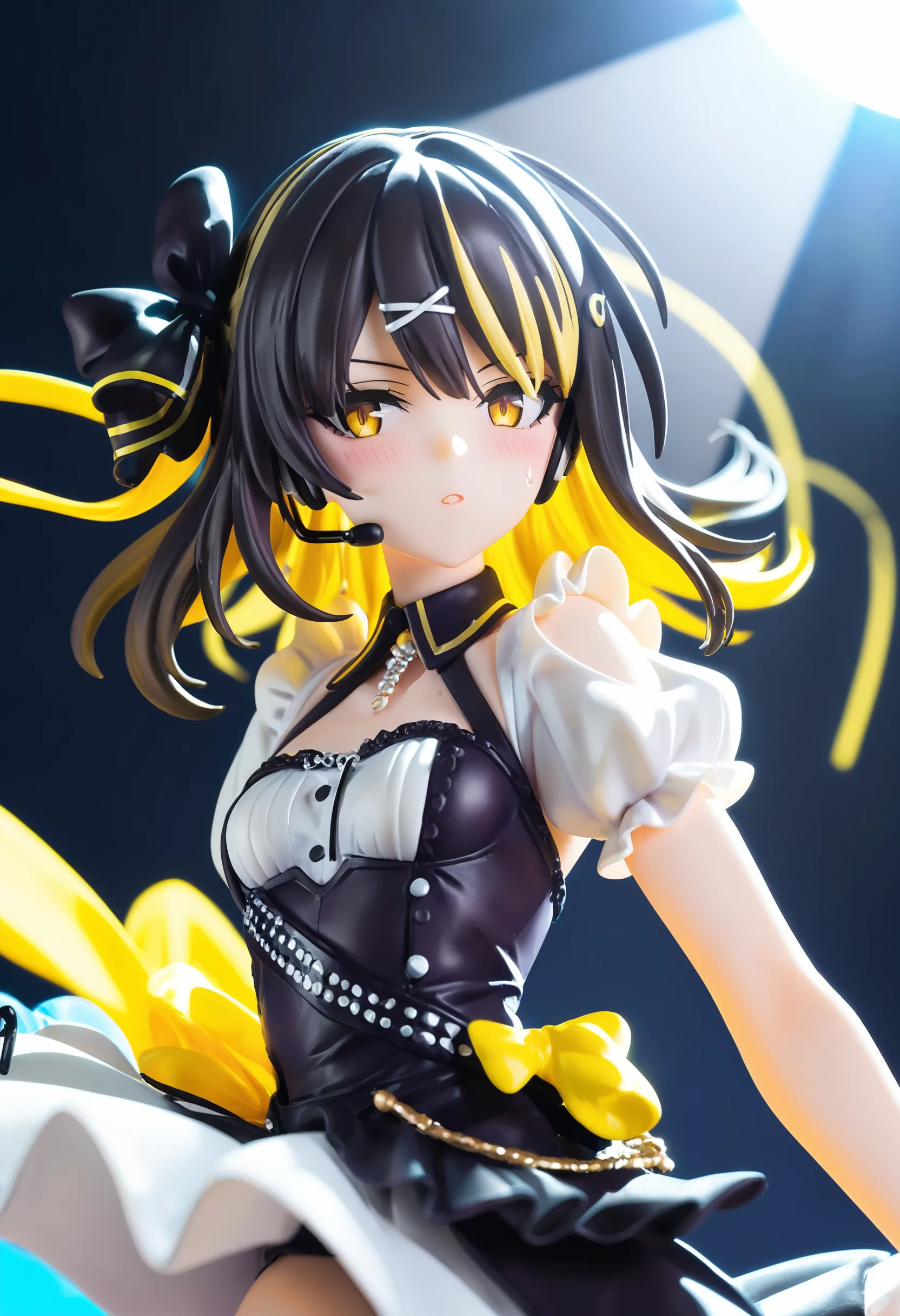 l_ikaruga, score_9, score_8_up, best quality,
1girl, solo, blonde hair, multicolored hair, black hair, yellow eyes, black nails, looking at viewer, bangs, medium hair, two-tone hair, streaked hair, hairclip, hair ribbon, yellow eyes, small breasts, blush, expressionless
sweat drop, yellow glowstick, yellow lights, bare arms, multicolored dress, boots, concert, detached sleeves, dress, idol, idol clothes, indoors, posing on stage, puffy detached sleeves, puffy short sleeves, puffy sleeves, short sleeves, solo focus, spotlight, idol concert, looking at viewer, headset, colorfull stage, stage lights, pillar, neon
<lora:l_ikarugaXL_pony:1>