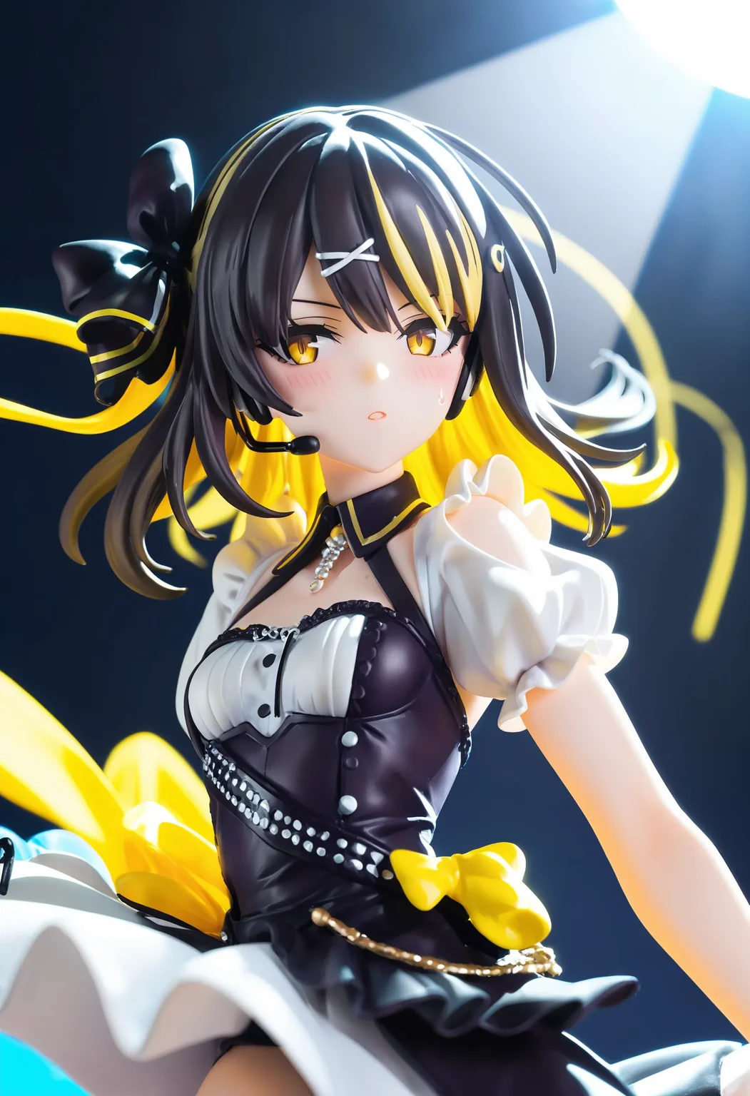 l_ikaruga, score_9, score_8_up, best quality,
1girl, solo, blonde hair, multicolored hair, black hair, yellow eyes, black nails, looking at viewer, bangs, medium hair, two-tone hair, streaked hair, hairclip, hair ribbon, yellow eyes, small breasts, blush, expressionless
sweat drop, yellow glowstick, yellow lights, bare arms, multicolored dress, boots, concert, detached sleeves, dress, idol, idol clothes, indoors, posing on stage, puffy detached sleeves, puffy short sleeves, puffy sleeves, short sleeves, solo focus, spotlight, idol concert, looking at viewer, headset, colorfull stage, stage lights, pillar, neon
<lora:l_ikarugaXL_pony:1>