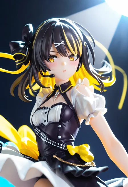 l_ikaruga, score_9, score_8_up, best quality,
1girl, solo, blonde hair, multicolored hair, black hair, yellow eyes, black nails, looking at viewer, bangs, medium hair, two-tone hair, streaked hair, hairclip, hair ribbon, yellow eyes, small breasts, blush, expressionless
sweat drop, yellow glowstick, yellow lights, bare arms, multicolored dress, boots, concert, detached sleeves, dress, idol, idol clothes, indoors, posing on stage, puffy detached sleeves, puffy short sleeves, puffy sleeves, short sleeves, solo focus, spotlight, idol concert, looking at viewer, headset, colorfull stage, stage lights, pillar, neon
<lora:l_ikarugaXL_pony:1>