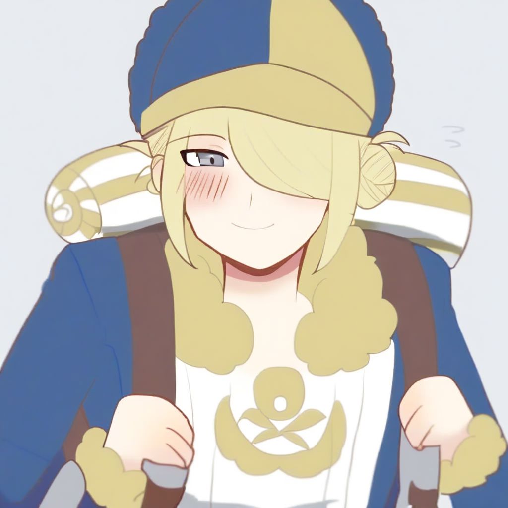 solo, 1boy, male focus, blonde hair, grey eyes, hair over one eye, VoloGinkgo, blue jumpsuit, fur trim, apron, brown belt, backpack, baseball cap, two-toned headwear, blue headwear, yellow headwear, hair bun, sidelocks, smile, blush