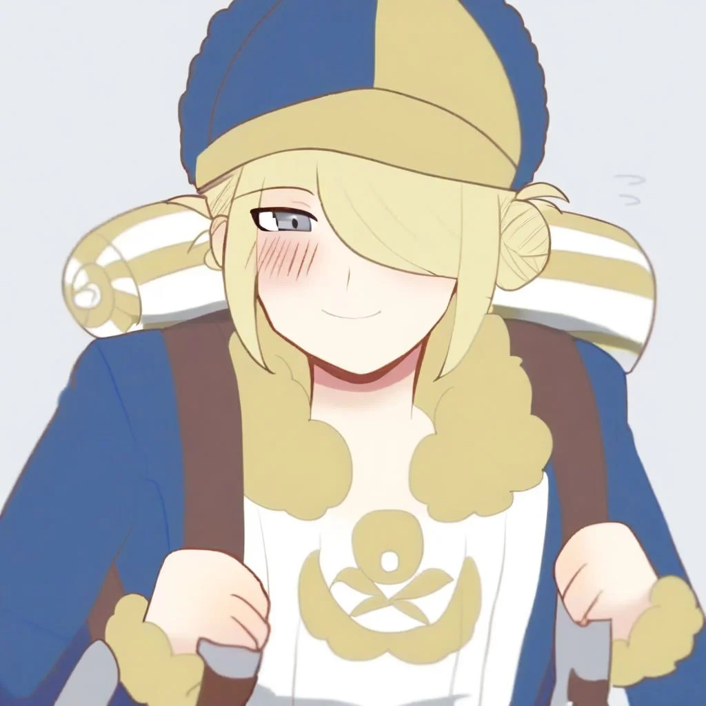 solo, 1boy, male focus, blonde hair, grey eyes, hair over one eye, VoloGinkgo, blue jumpsuit, fur trim, apron, brown belt, backpack, baseball cap, two-toned headwear, blue headwear, yellow headwear, hair bun, sidelocks, smile, blush