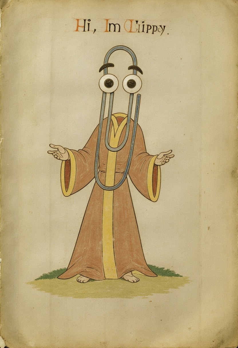 BookOfKells, old paper with clippy with big eyes, wearing a robe. On the top the text:“Hi, I'm Clippy“