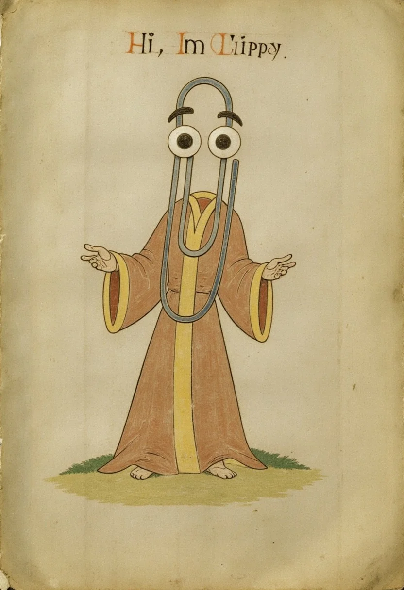 BookOfKells, old paper with clippy with big eyes, wearing a robe. On the top the text:“Hi, I'm Clippy“