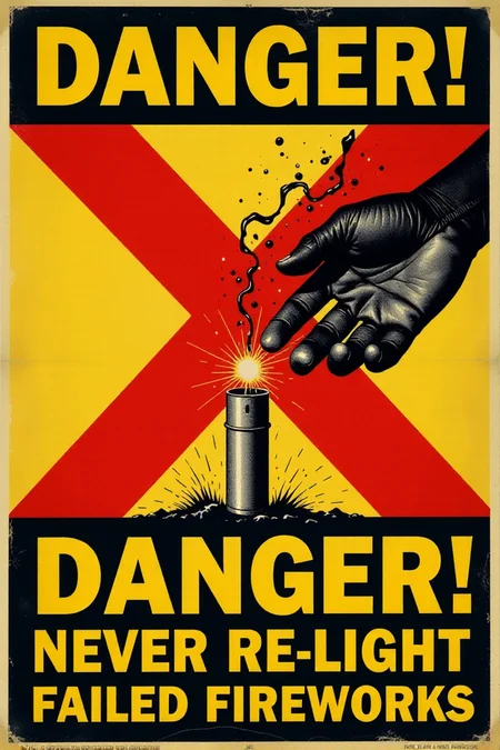 A stark, graphic vintage safety poster in shades of red, yellow, and black. It shows a hand reaching out to pick up a smoking, unexploded firework. A large, bold red "X" is superimposed over the firework. Below, in clear, blocky yellow letters: "DANGER! NEVER Re-light Failed Fireworks." Emphasize the immediate danger and the clear warning message.  <lora:REMEs_War_Poster_Style:0.95> In REME's War Poster Style,âââ