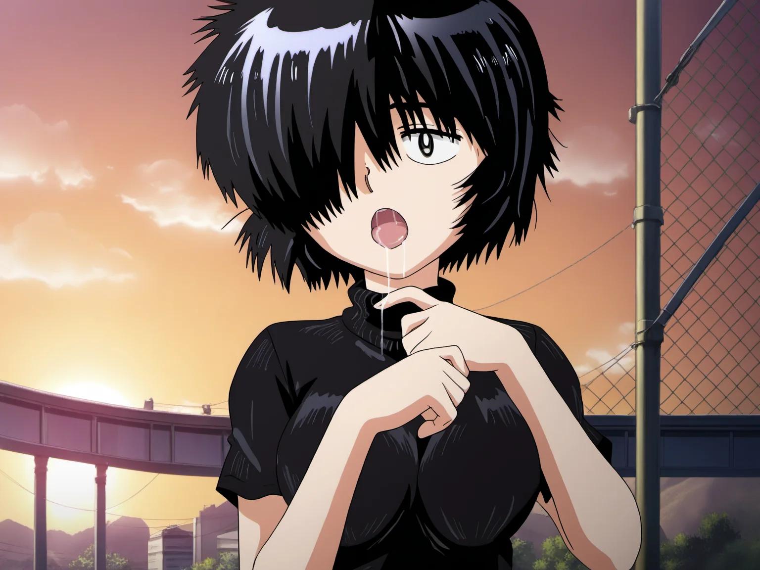 UrabeMikoto, 1girl, short hair, black hair, solo, black turtlenneck sweater, (hair over one eye), messy hair, source_anime, <lora:UrabeSDXL-Pony-16-16-C:1>, medium breasts, saliva, sunset